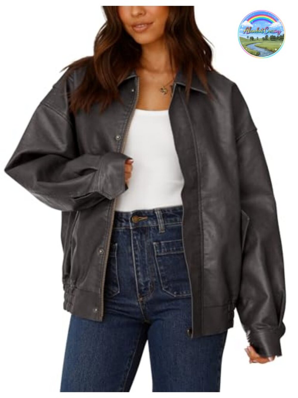 Faux Leather Motorcycle Jacket Women Biker Zip Up Loose Fit